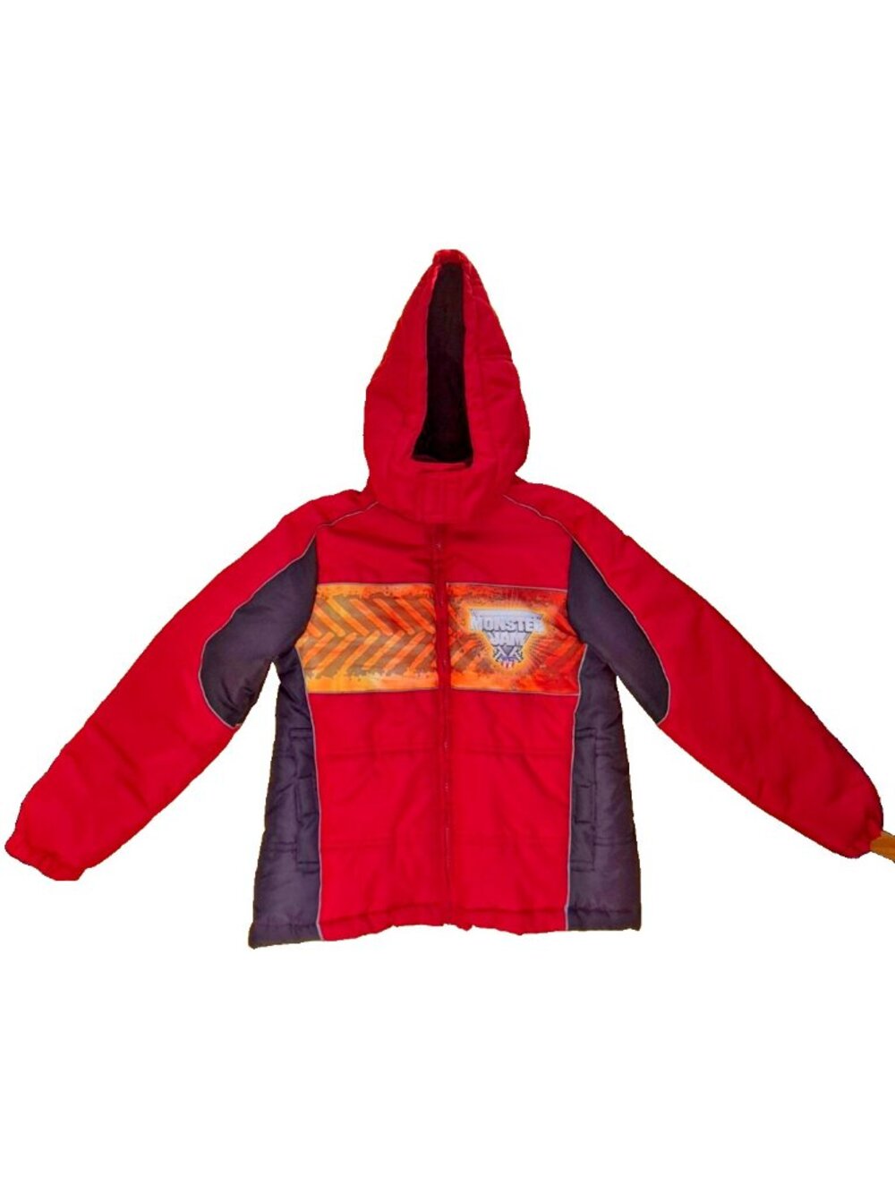 Monster Jam Kids Puffer Jacket Red Black Hooded Size M (8) – 2012 Monster Trucks